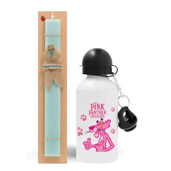The pink panther, Easter Set, metallic aluminum water bottle (500ml) & scented flat candle (30cm) (TURQUOISE)
