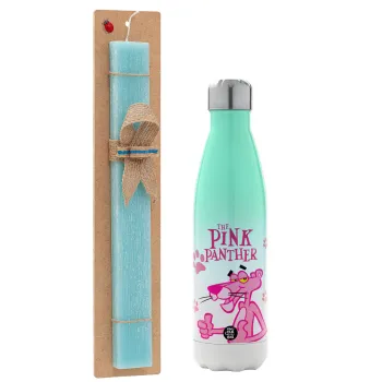 The pink panther, Easter Set, Metallic green/white thermos (Stainless steel), double-walled, 500ml & scented flat Easter candle (30cm) (TURQUOISE)