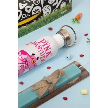 The pink panther, Πασχαλινή Λαμπάδα με παγούρι μεταλλικό (620ml, stainless steel) & κερί αρωματικό πλακέ (30cm) (ΤΙΡΚΟΥΑΖ)