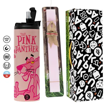 The pink panther, Πασχαλινή Λαμπάδα με  ΡΟΖ Travel Tumbler θερμό (600ml, BPA free) & κερί αρωματικό πλακέ (30cm) (ΡΟΖ)