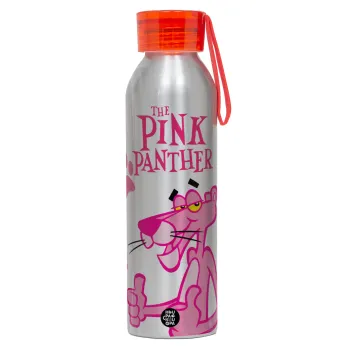The pink panther, Αλουμινένιο Αθλητικό Μπουκάλι 650ml – Ασημί με Κόκκινο Καπάκι και Λουράκι Σιλικόνης