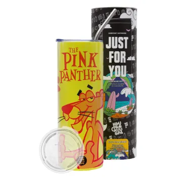 The pink panther, Neon Yellow Travel Tumbler θερμό, μεταλλικό καλαμάκι(Ανωξείδωτο 304 Food grade, BPA free, 600ml)