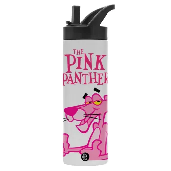 The pink panther, Metallic thermos bottle with straw & handle, stainless steel (Stainless steel 304), double-walled, 600ml.