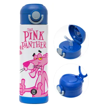 The pink panther, Children's hot water bottle, stainless steel, with safety straw, BLUE (500ml)