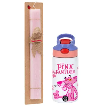 The pink panther, Easter Set, Children's thermal stainless steel water bottle with safety straw, pink/purple (350ml) & Easter scented flat candle (30cm) (PINK)