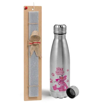 The pink panther, Easter Set, metallic Inox water bottle (750ml) & aromatic flat Easter candle (30cm) (GRAY)