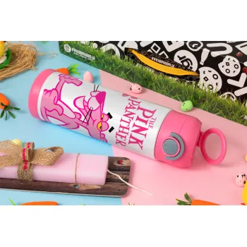 The pink panther, Πασχαλινή Λαμπάδα με Παιδικό παγούρι θερμό, ανοξείδωτο, με καλαμάκι ασφαλείας, ΡΟΖ (500ml)