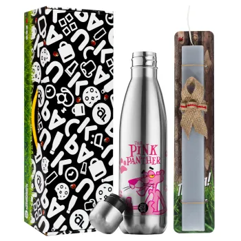 The pink panther, Πασχαλινή Λαμπάδα με μεταλλικό παγούρι θερμός ανοξείδωτο (500ml) & κερί αρωματικό πλακέ (30cm) (ΓΚΡΙ)