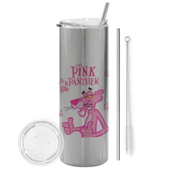 The pink panther, Tumbler ποτήρι θερμό Ασημένιο από ανοξείδωτο ατσάλι 600ml, με μεταλλικό καλαμάκι & βούρτσα καθαρισμού