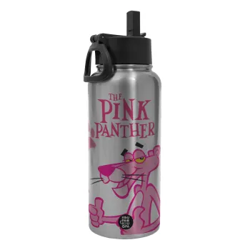 The pink panther, Μεταλλικό παγούρι θερμός Silver με καλαμάκι και χερούλι (Stainless steel), διπλού τοιχώματος, 950ml