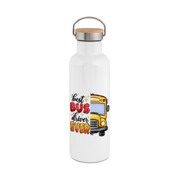Best bus driver ever!, Stainless steel White with wooden lid (bamboo), double wall, 750ml