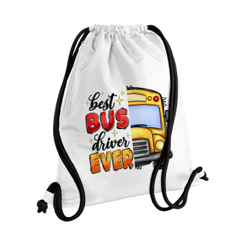Best bus driver ever!, Τσάντα πλάτης πουγκί GYMBAG λευκή, με τσέπη (40x48cm) & χονδρά κορδόνια