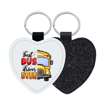 Best bus driver ever!, Μπρελόκ PU δερμάτινο glitter καρδιά ΜΑΥΡΟ