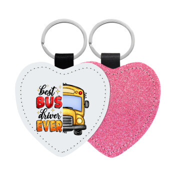 Best bus driver ever!, Μπρελόκ PU δερμάτινο glitter καρδιά ΡΟΖ