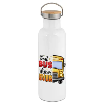 Best bus driver ever!, Stainless steel White with wooden lid (bamboo), double wall, 750ml