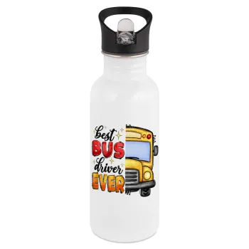 Best bus driver ever!, Παγούρι νερού Λευκό με καλαμάκι, ανοξείδωτο ατσάλι 600ml