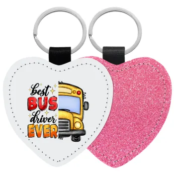 Best bus driver ever!, Μπρελόκ PU δερμάτινο glitter καρδιά ΡΟΖ