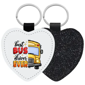 Best bus driver ever!, Μπρελόκ PU δερμάτινο glitter καρδιά ΜΑΥΡΟ