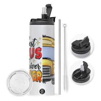 Best bus driver ever!, Travel Tumbler θερμό με διπλό καπάκι, μεταλλικό καλαμάκι και βούρτσα καθαρισμού (Ανωξείδωτο 304 Food grade, BPA free, 600ml)
