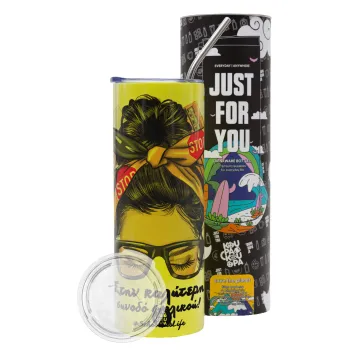 Στην καλύτερη συνοδό σχολικού!, Neon Yellow Travel Tumbler θερμό, μεταλλικό καλαμάκι(Ανωξείδωτο 304 Food grade, BPA free, 600ml)