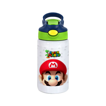 Super mario, Children's hot water bottle, stainless steel, with safety straw, green, blue (350ml)