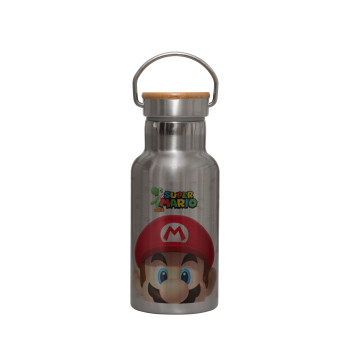 Super mario, Stainless steel metallic thermos flask, silver with a bamboo lid, double-walled, 350ml.