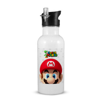 Super mario, White water bottle with straw, stainless steel 600ml