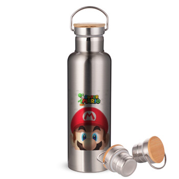 Super mario, Stainless steel Silver with wooden lid (bamboo), double wall, 750ml