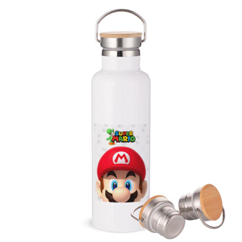Super mario, Μεταλλικό παγούρι θερμός (Stainless steel) Λευκό με ξύλινο καπάκι (bamboo), διπλού τοιχώματος, 750ml
