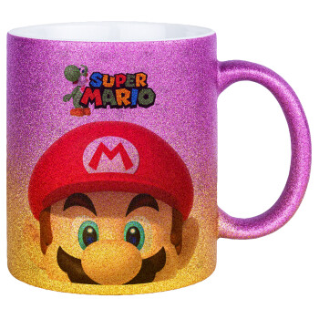 Super mario, Κούπα Χρυσή/Ροζ Glitter, κεραμική, 330ml