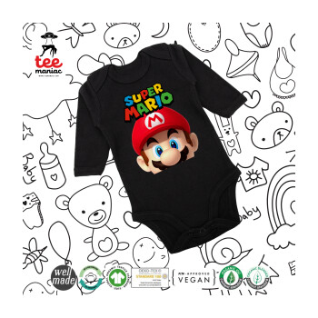 Super mario, Μακρυμάνικο βρεφικό φορμάκι, 0-18 μηνών, ΜΑΥΡΟ, 100% Organic Cotton
