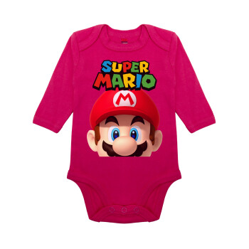 Super mario, Μακρυμάνικο βρεφικό φορμάκι, 0-18 μηνών, ΡΟΖ, 100% Organic Cotton