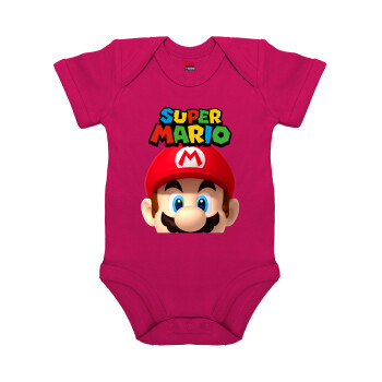 Super mario, Βρεφικό φορμάκι μωρού, 0-18 μηνών, ΡΟΖ, 100% Organic Cotton, κοντομάνικο