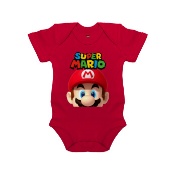Super mario, Βρεφικό φορμάκι μωρού, ΚΟΚΚΙΝΟ, 100% Organic Cotton, κοντομάνικο