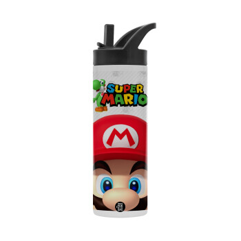 Super mario, Metallic thermos bottle with straw & handle, stainless steel (Stainless steel 304), double-walled, 600ml.