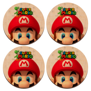 Super mario, ΣΕΤ x4 Σουβέρ ξύλινα στρογγυλά plywood (9cm)