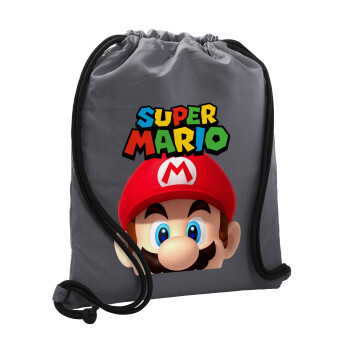 Super mario, Backpack pouch GYMBAG GREY, with pocket (40x48cm) & thick cords