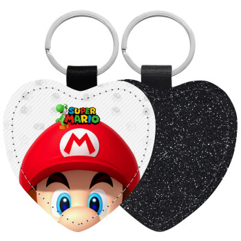 Super mario, Μπρελόκ PU δερμάτινο glitter καρδιά ΜΑΥΡΟ