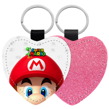 Super mario, Μπρελόκ PU δερμάτινο glitter καρδιά ΡΟΖ