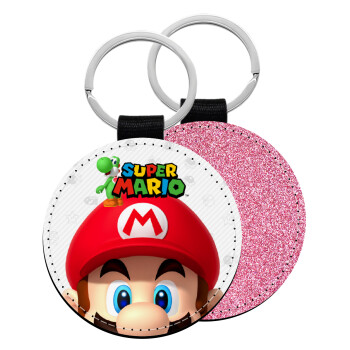 Super mario, Μπρελόκ Δερματίνη, στρογγυλό ΡΟΖ (5cm)
