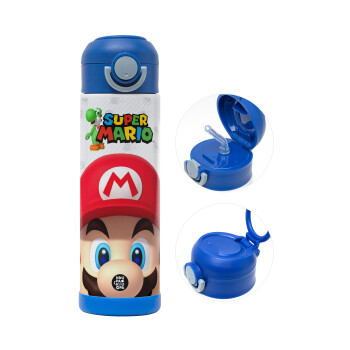 Super mario, Children's hot water bottle, stainless steel, with safety straw, BLUE (500ml)
