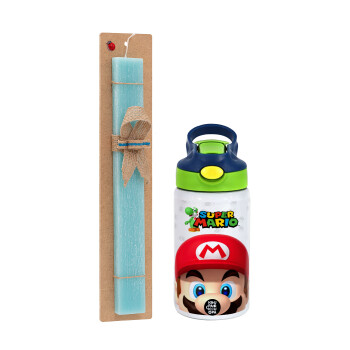 Super mario, Easter Set, Children's thermal stainless steel bottle with safety straw, green/blue (350ml) & aromatic flat Easter candle (30cm) (TURQUOISE)