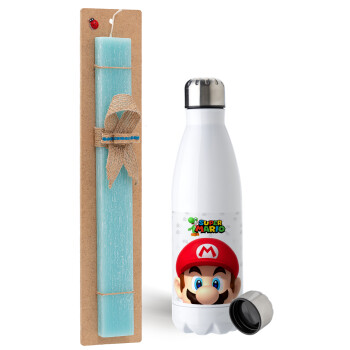 Super mario, Easter Set, metallic stainless steel water bottle (750ml) & aromatic flat Easter candle (30cm) (TURQUOISE)