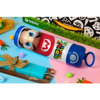 Super mario, Easter candle, Childrens hot water bottle, stainless steel, with safety straw, BLUE (500ml)