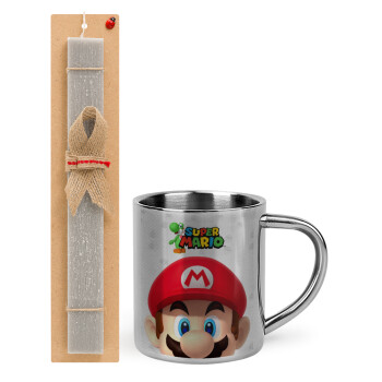 Super mario, Easter Set, metallic thermal cup (300ml) & Easter aromatic flat candle (30cm) (GRAY)