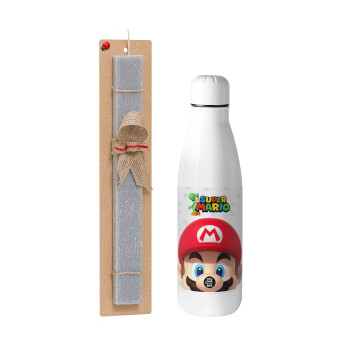 Super mario, Easter Set, metallic stainless thermos bottle (500ml) & scented flat Easter candle (30cm) (GRAY)