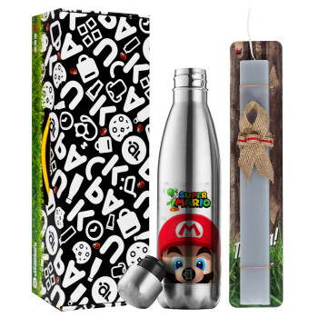 Super mario, Easter Set, metallic stainless thermos flask (500ml) & scented flat Easter candle (30cm) (GRAY)