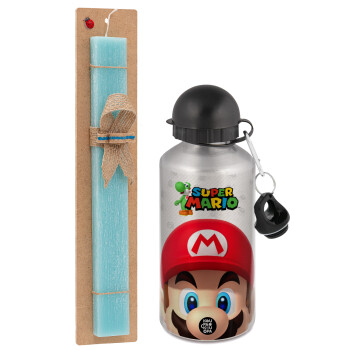 Super mario, Easter Set, metallic silver aluminum water bottle (500ml) & scented flat Easter candle (30cm) (TURQUOISE)