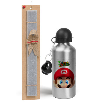 Super mario, Easter Set, metallic silver aluminum water bottle (500ml) & aromatic flat Easter candle (30cm) (GRAY)