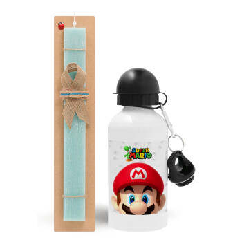 Super mario, Easter Set, metallic aluminum water bottle (500ml) & scented flat candle (30cm) (TURQUOISE)